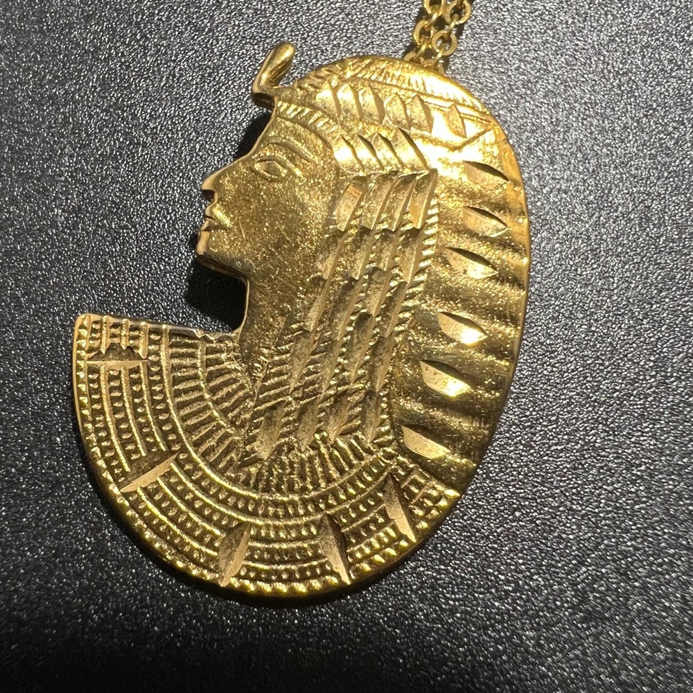 Vintage Gold Plate Egyptian Revival King Tut Necklace Hidden Bail Floating Style
